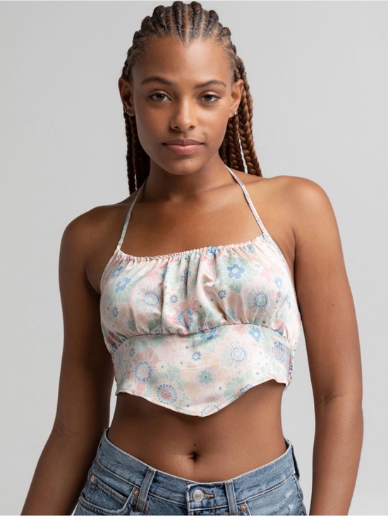 West Of Melrose Tops - West of Melrose Floral Halter Crop Top in Pastel Peach